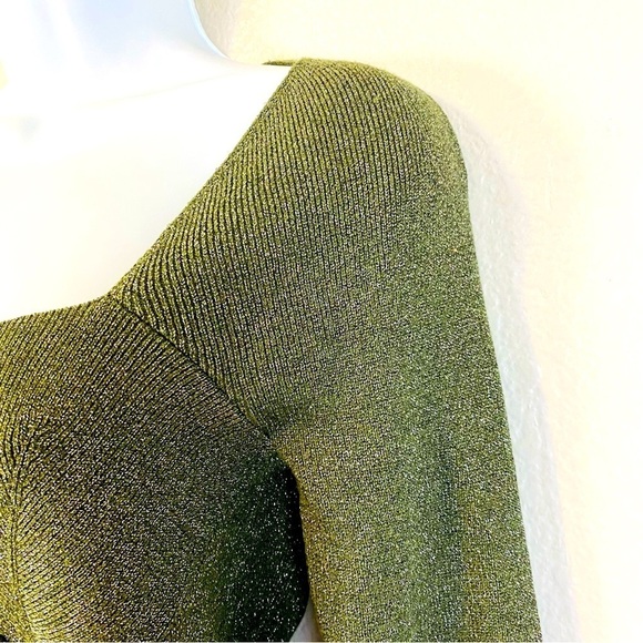 House Of Harlow 1960 Silver Metallic Shimmer Moss Green Stretch Knit Top Size L - Picture 4 of 11